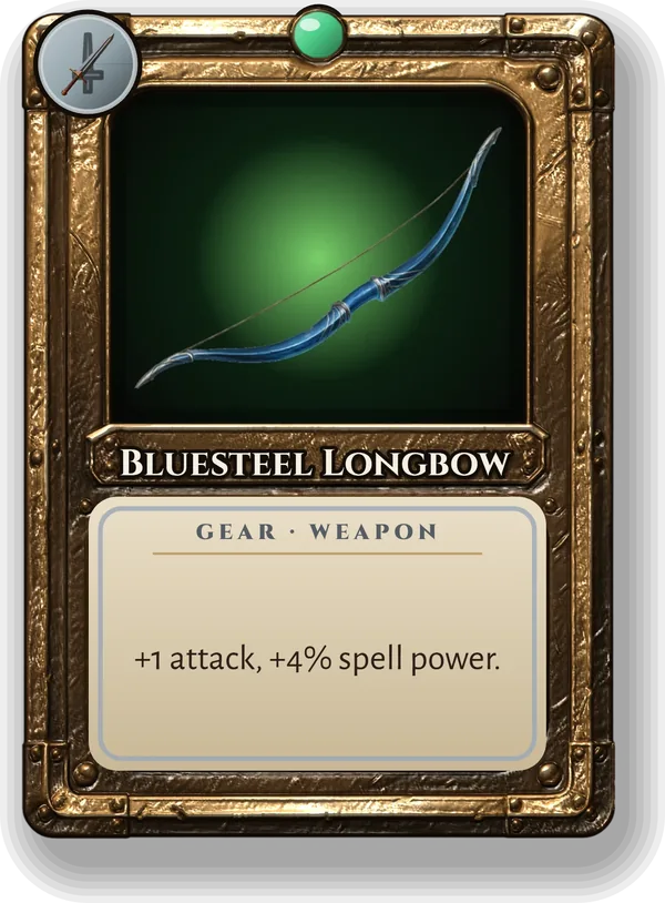 Bluesteel Longbow: +1 attack, +4% spell power.