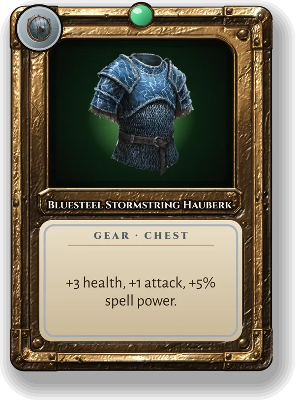 Bluesteel Stormstring Hauberk: +3 health, +1 attack, +5% spell power.
