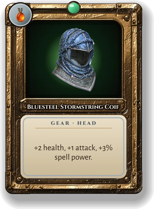Bluesteel Stormstring Coif: +2 health, +1 attack, +3% spell power.