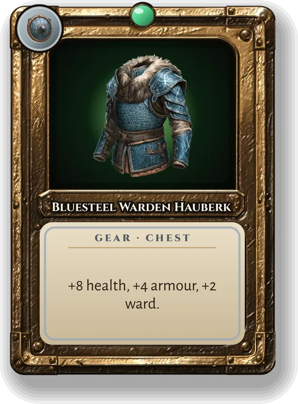 Bluesteel Warden Hauberk: +8 health, +4 armour, +2 ward.