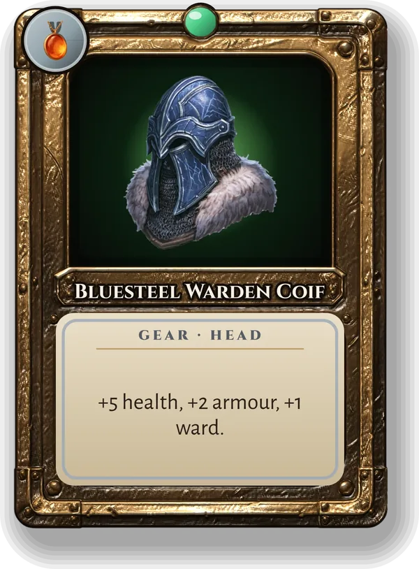 Bluesteel Warden Coif: +5 health, +2 armour, +1 ward.