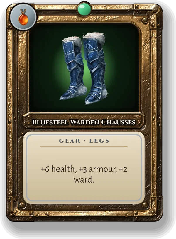 Bluesteel Warden Chausses: +6 health, +3 armour, +2 ward.