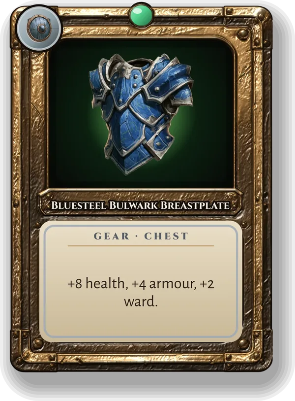 Bluesteel Bulwark Breastplate: +8 health, +4 armour, +2 ward.