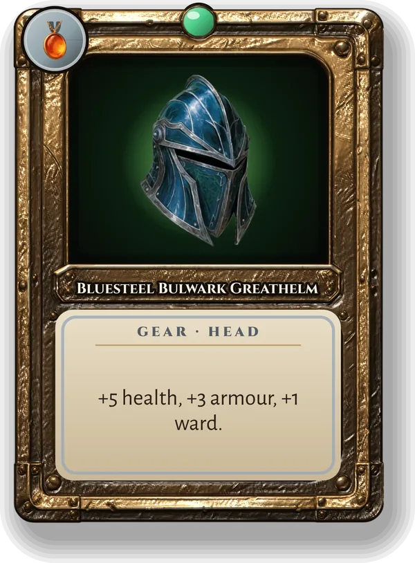 Bluesteel Bulwark Greathelm: +5 health, +3 armour, +1 ward.