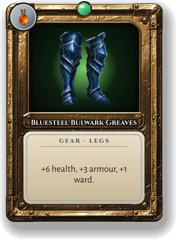 Bluesteel Bulwark Greaves: +6 health, +3 armour, +1 ward.