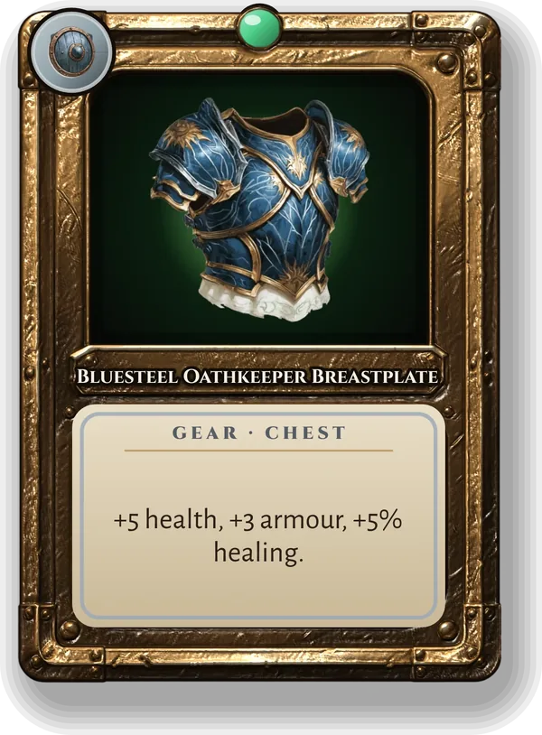 Bluesteel Oathkeeper Breastplate: +5 health, +3 armour, +5% healing.