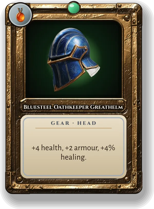 Bluesteel Oathkeeper Greathelm: +4 health, +2 armour, +4% healing.