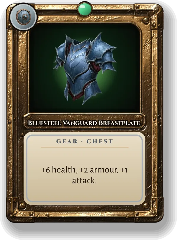 Bluesteel Vanguard Breastplate: +6 health, +2 armour, +1 attack.