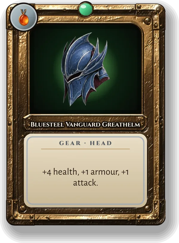 Bluesteel Vanguard Greathelm: +4 health, +1 armour, +1 attack.