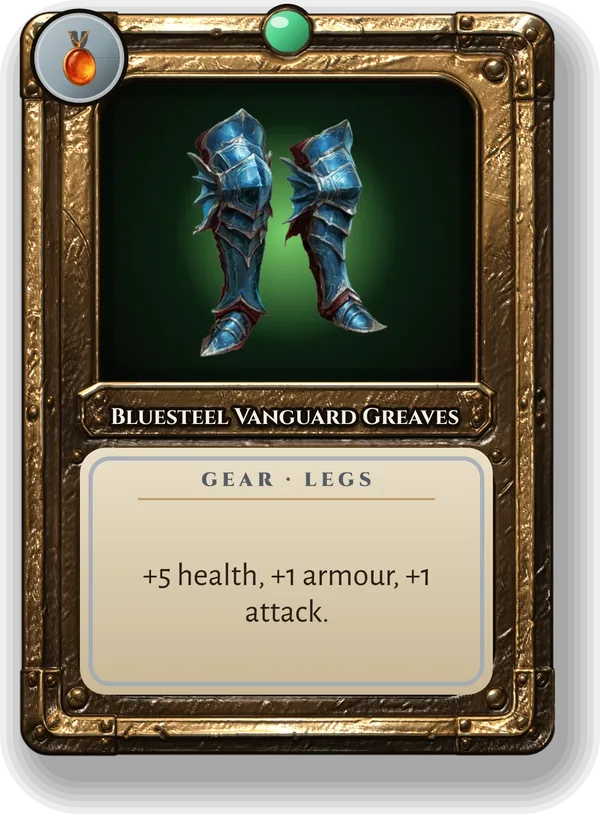 Bluesteel Vanguard Greaves: +5 health, +1 armour, +1 attack.