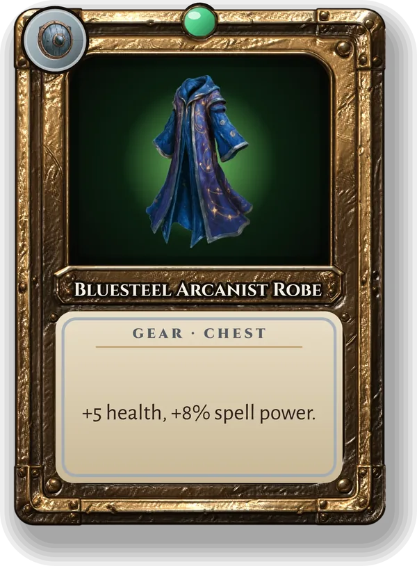 Bluesteel Arcanist Robe: +5 health, +8% spell power.