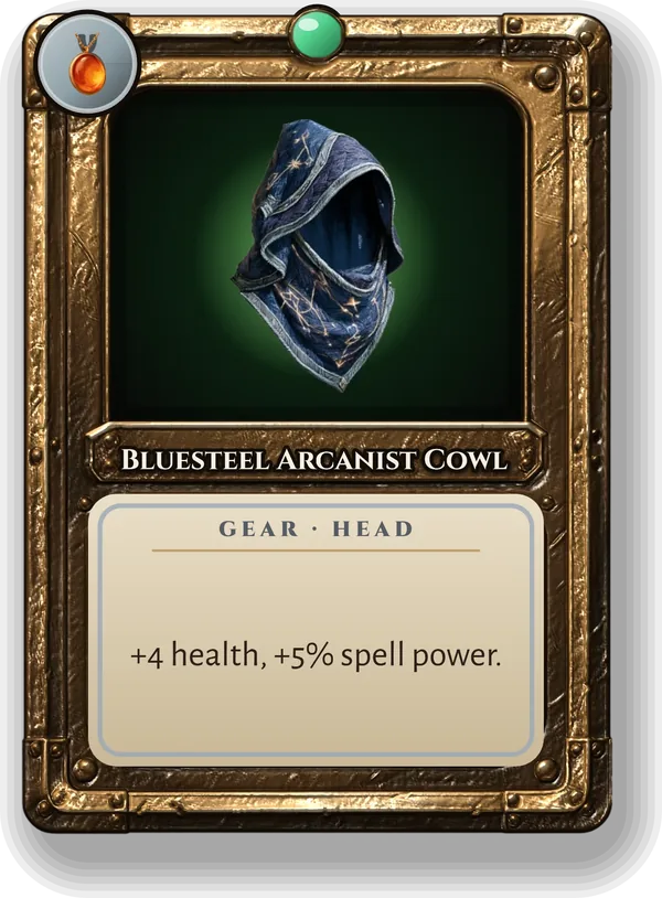 Bluesteel Arcanist Cowl: +4 health, +5% spell power.