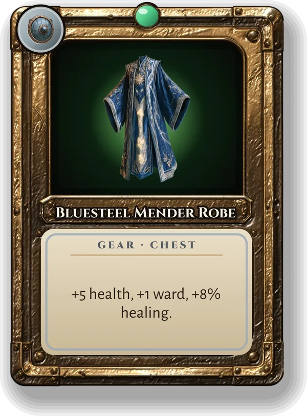 Bluesteel Mender Robe: +5 health, +1 ward, +8% healing.