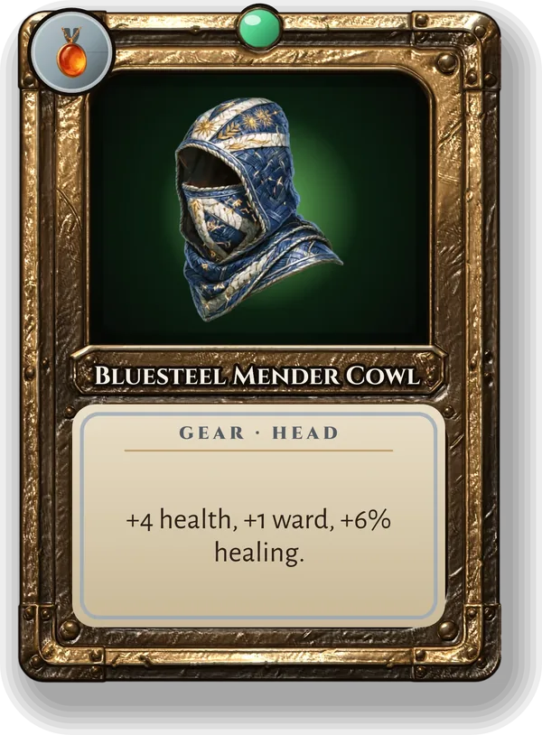 Bluesteel Mender Cowl: +4 health, +1 ward, +6% healing.