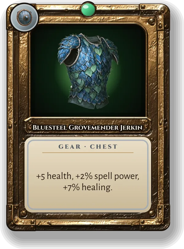 Bluesteel Grovemender Jerkin: +5 health, +2% spell power, +7% healing.