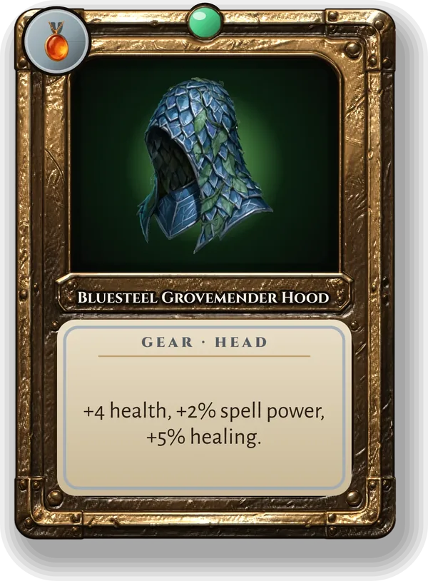 Bluesteel Grovemender Hood: +4 health, +2% spell power, +5% healing.
