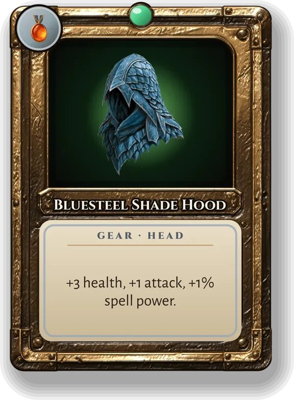 Bluesteel Shade Hood: +3 health, +1 attack, +1% spell power.