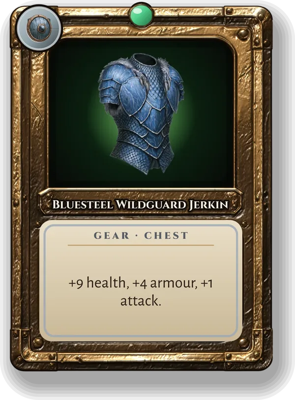 Bluesteel Wildguard Jerkin: +9 health, +4 armour, +1 attack.