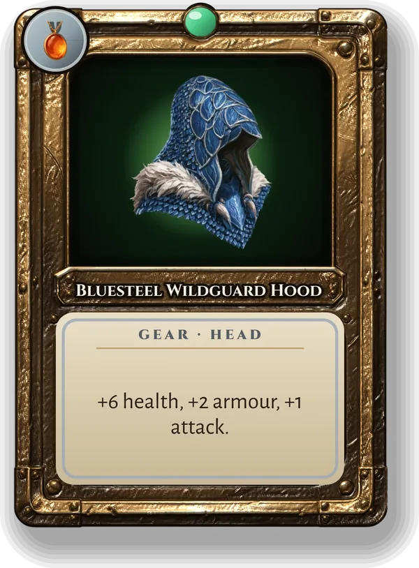 Bluesteel Wildguard Hood: +6 health, +2 armour, +1 attack.