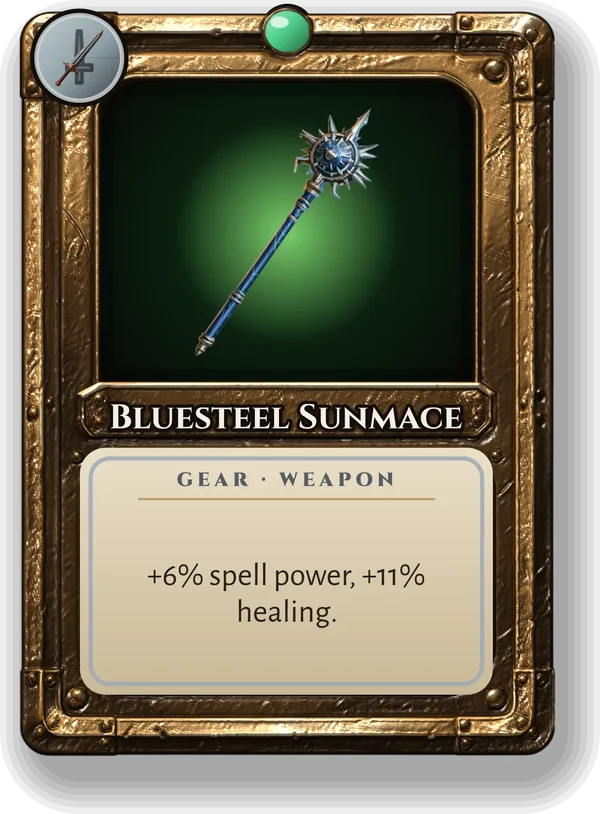 Bluesteel Sunmace: +6% spell power, +11% healing.