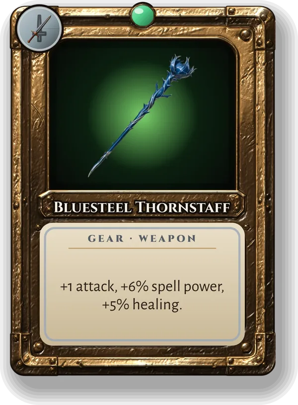 Bluesteel Thornstaff: +1 attack, +6% spell power, +5% healing.