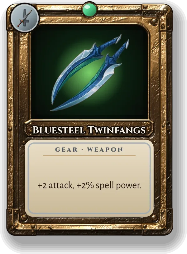 Bluesteel Twinfangs: +2 attack, +2% spell power.