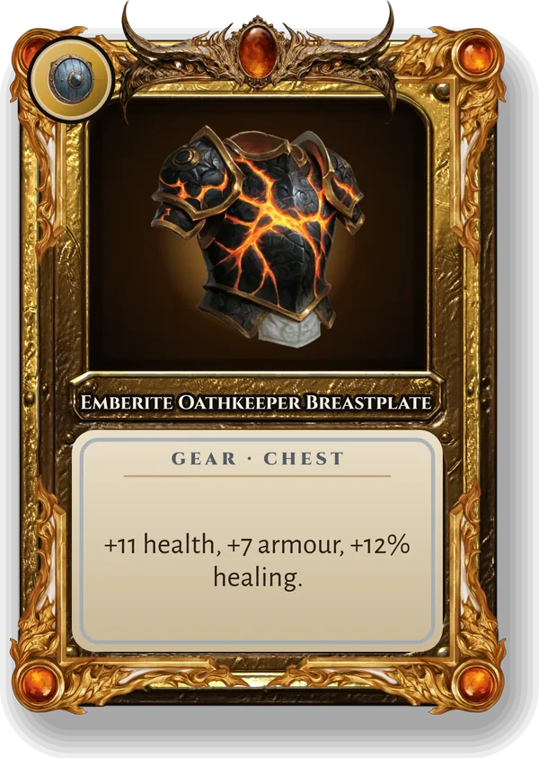Emberite Oathkeeper Breastplate: +11 health, +7 armour, +12% healing.