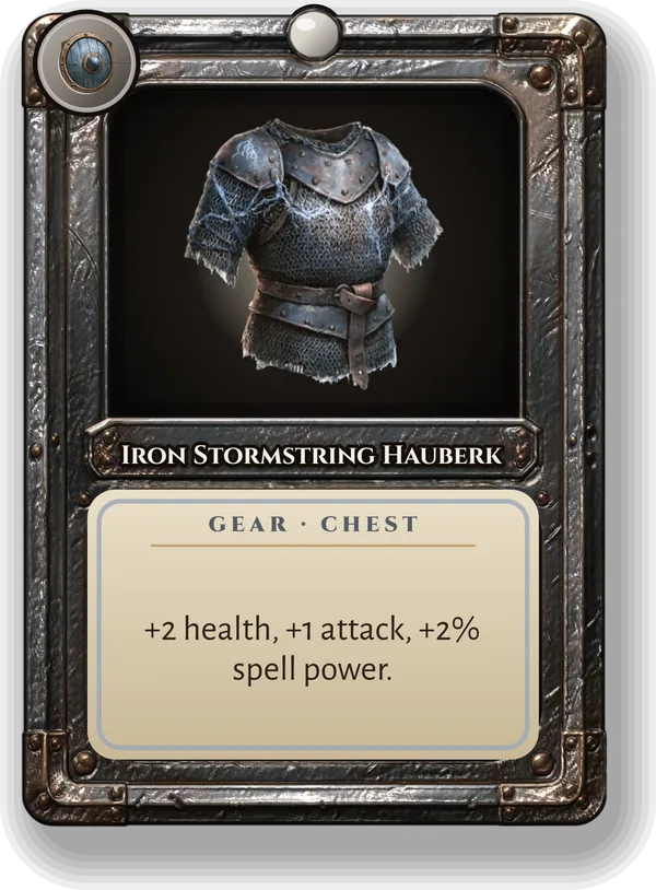 Iron Stormstring Hauberk: +2 health, +1 attack, +2% spell power.