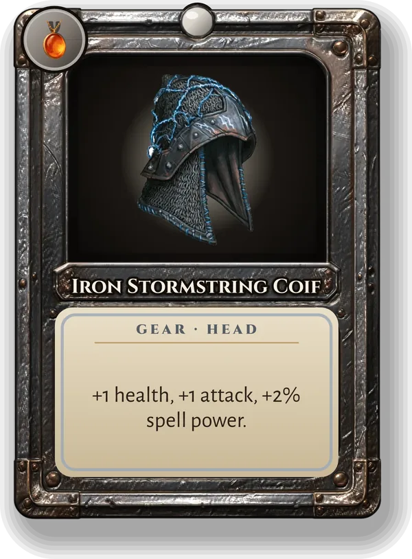 Iron Stormstring Coif: +1 health, +1 attack, +2% spell power.