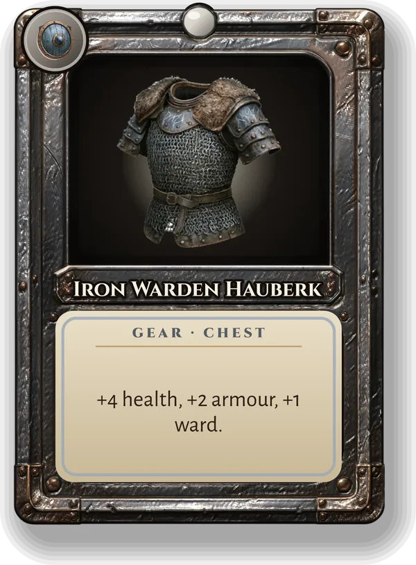 Iron Warden Hauberk: +4 health, +2 armour, +1 ward.