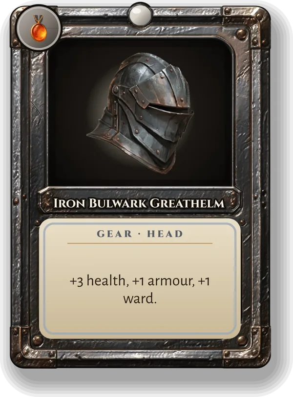 Iron Bulwark Greathelm: +3 health, +1 armour, +1 ward.