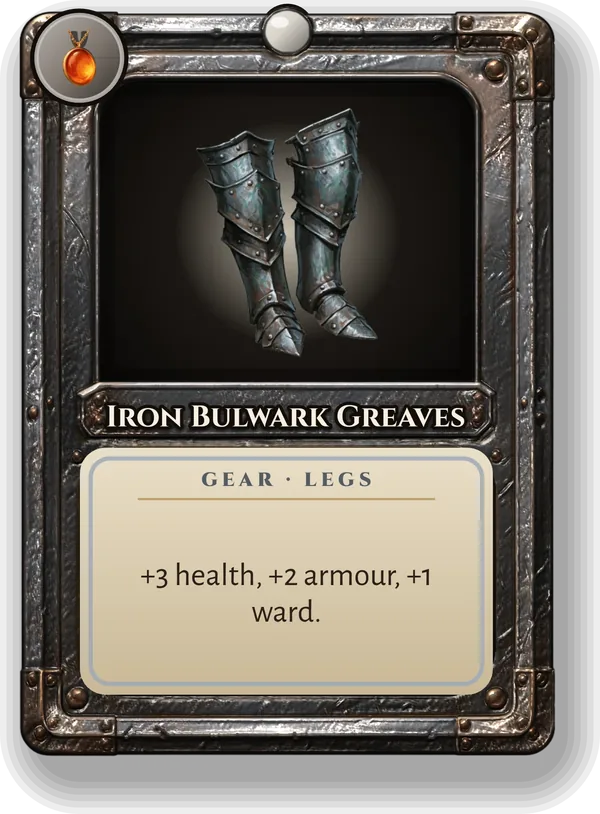 Iron Bulwark Greaves: +3 health, +2 armour, +1 ward.