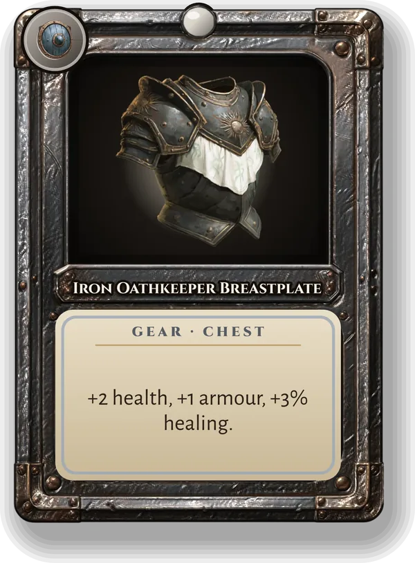 Iron Oathkeeper Breastplate: +2 health, +1 armour, +3% healing.