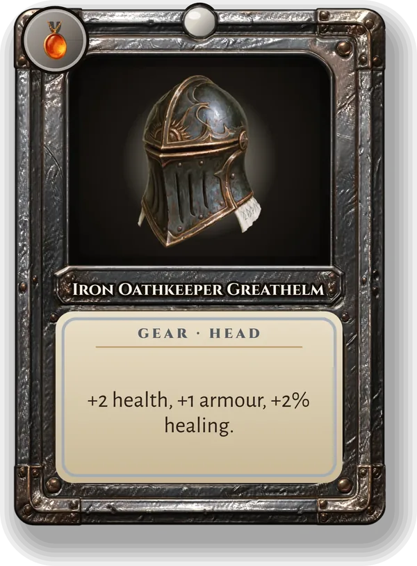 Iron Oathkeeper Greathelm: +2 health, +1 armour, +2% healing.