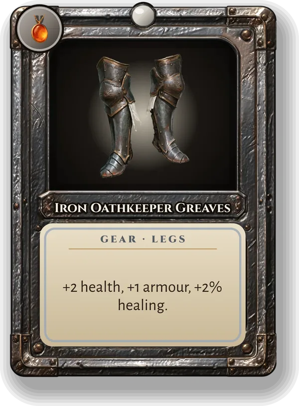 Iron Oathkeeper Greaves: +2 health, +1 armour, +2% healing.