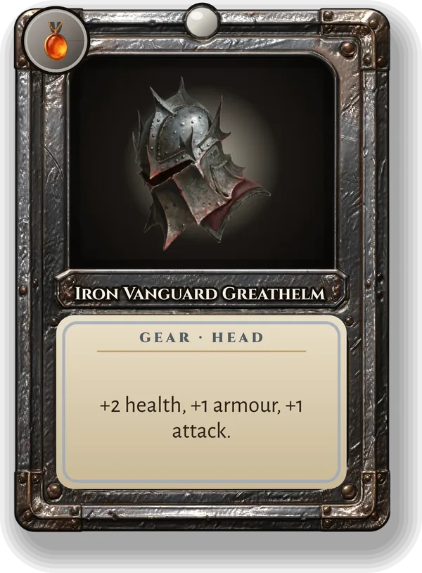 Iron Vanguard Greathelm: +2 health, +1 armour, +1 attack.