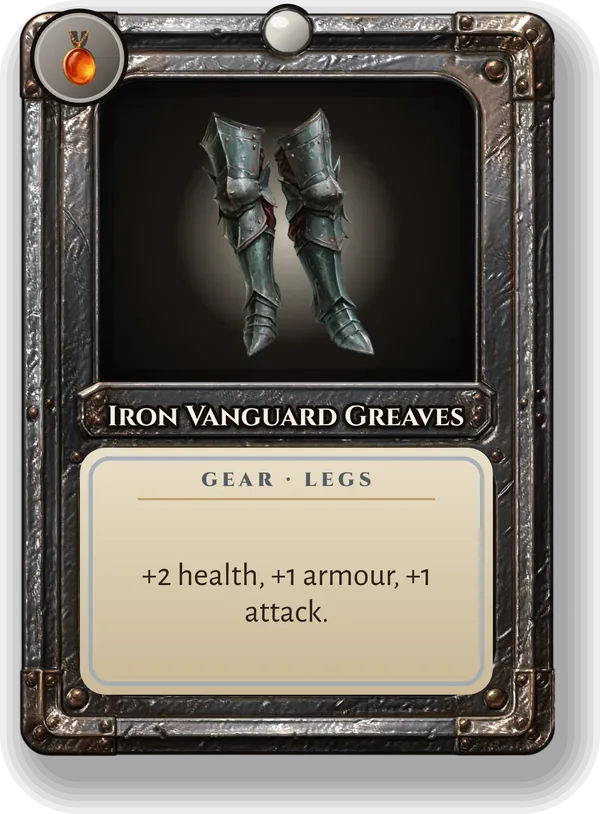 Iron Vanguard Greaves: +2 health, +1 armour, +1 attack.