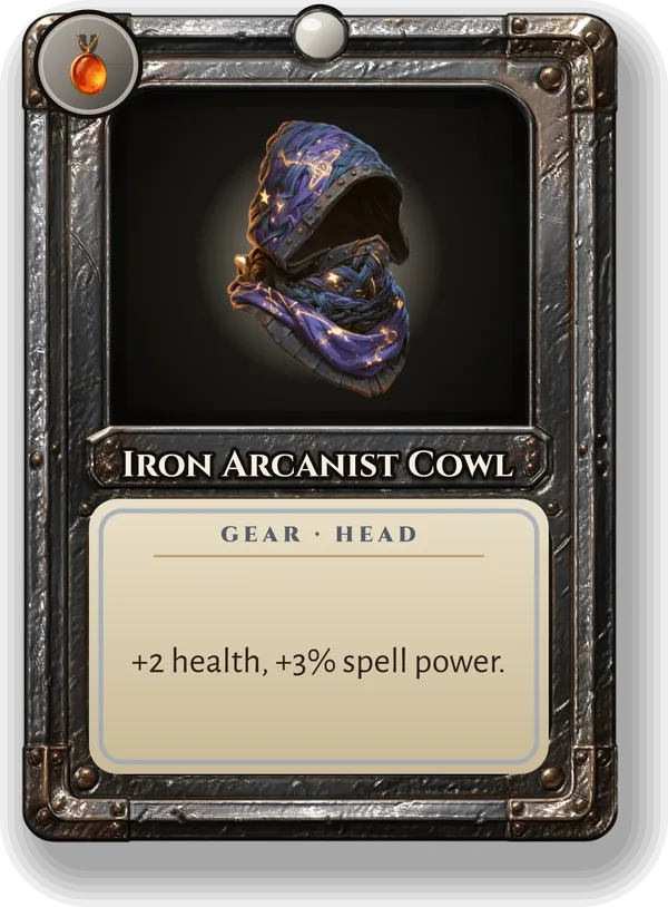 Iron Arcanist Cowl: +2 health, +3% spell power.