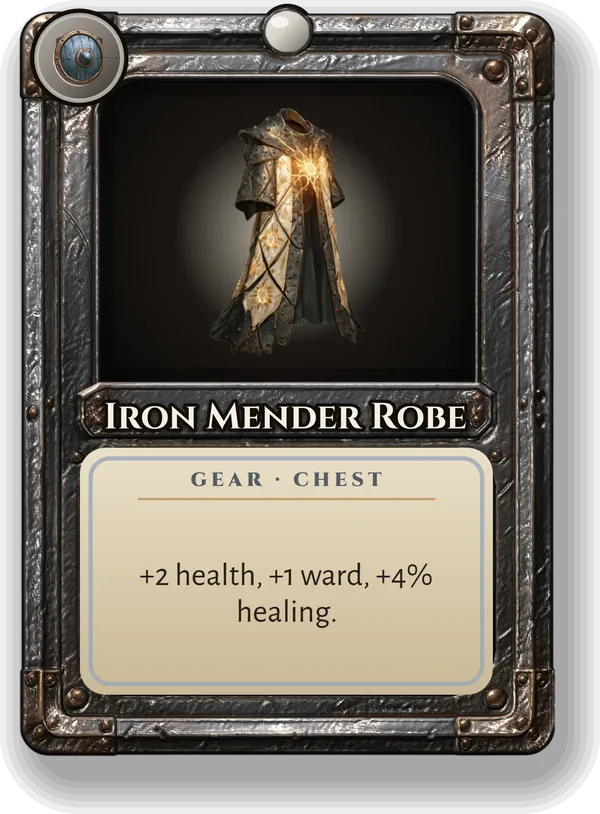 Iron Mender Robe: +2 health, +1 ward, +4% healing.