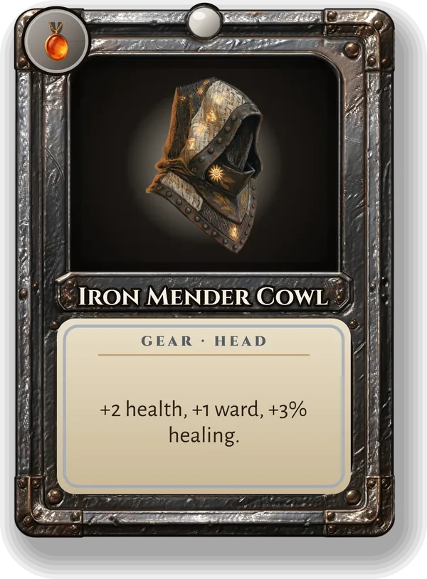 Iron Mender Cowl: +2 health, +1 ward, +3% healing.