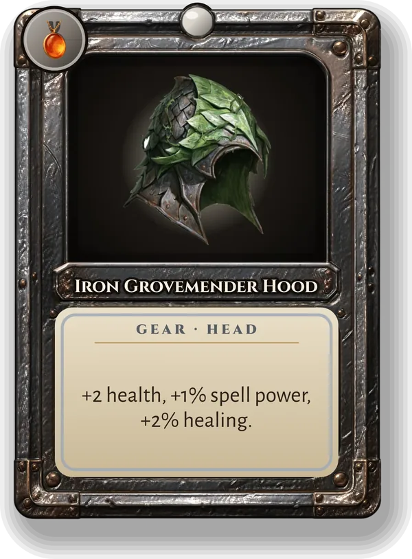 Iron Grovemender Hood: +2 health, +1% spell power, +2% healing.