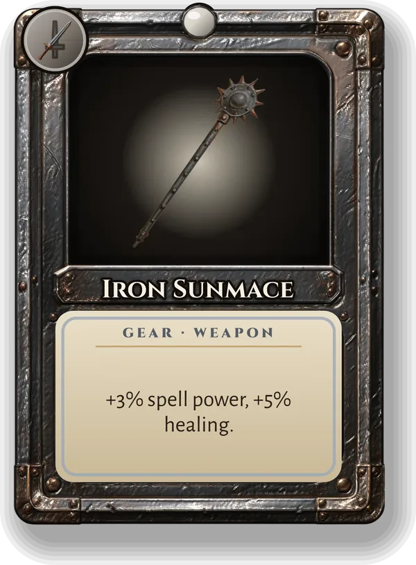 Iron Sunmace: +3% spell power, +5% healing.