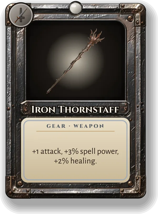 Iron Thornstaff: +1 attack, +3% spell power, +2% healing.