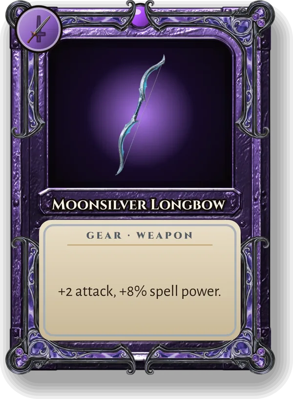 Moonsilver Longbow: +2 attack, +8% spell power.