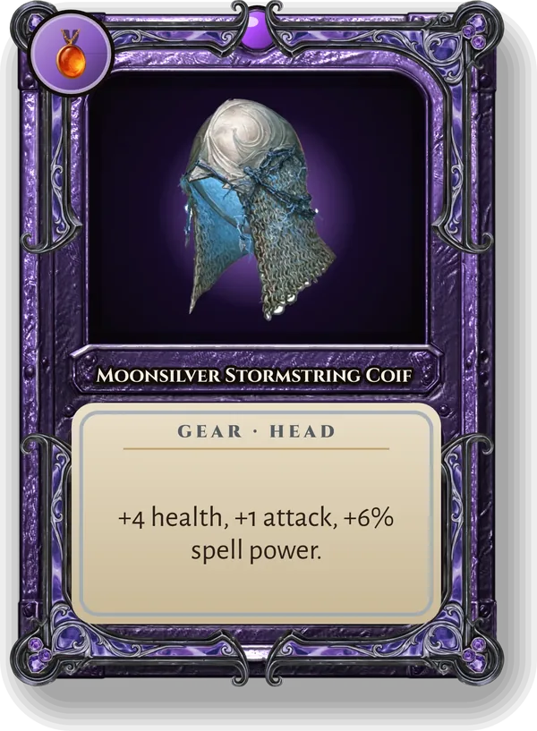 Moonsilver Stormstring Coif: +4 health, +1 attack, +6% spell power.