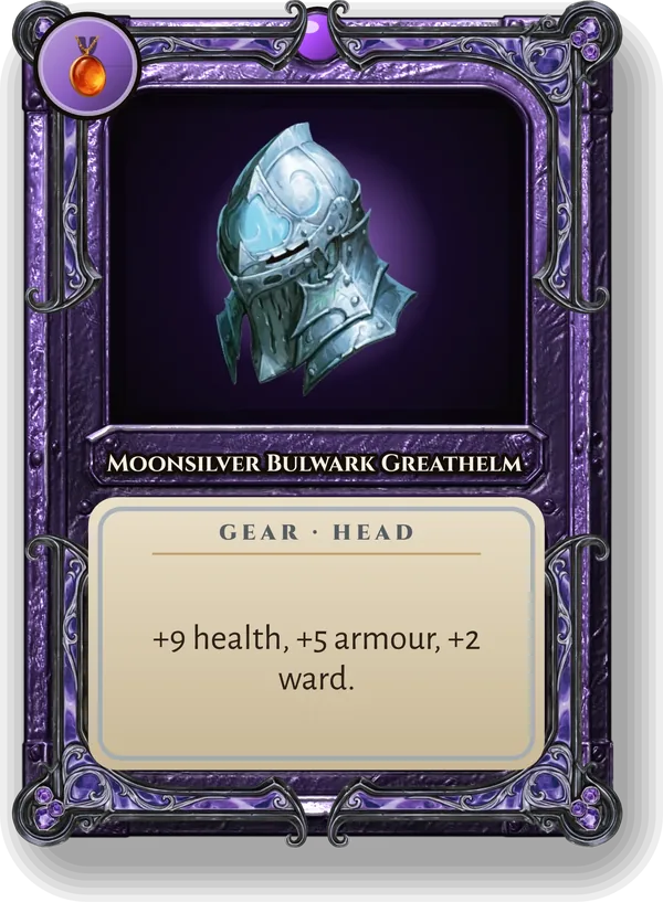 Moonsilver Bulwark Greathelm: +9 health, +5 armour, +2 ward.