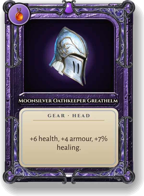Moonsilver Oathkeeper Greathelm: +6 health, +4 armour, +7% healing.