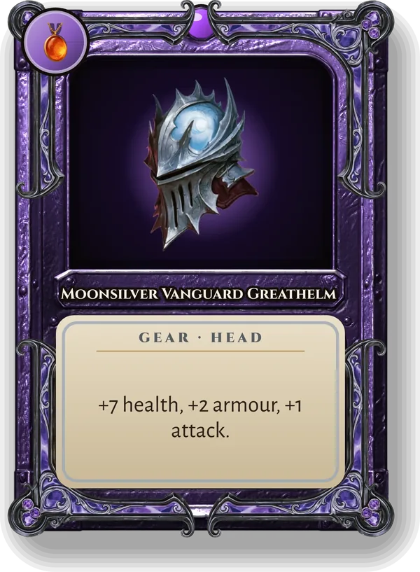 Moonsilver Vanguard Greathelm: +7 health, +2 armour, +1 attack.