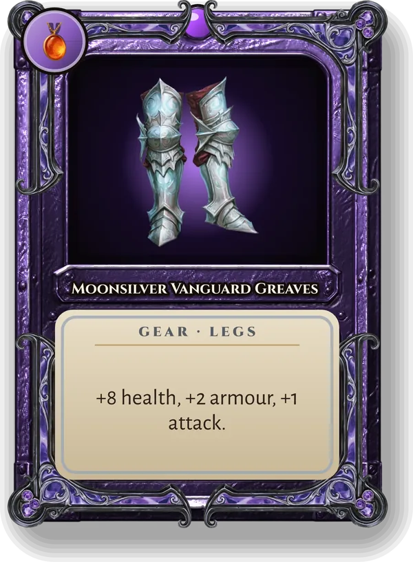 Moonsilver Vanguard Greaves: +8 health, +2 armour, +1 attack.