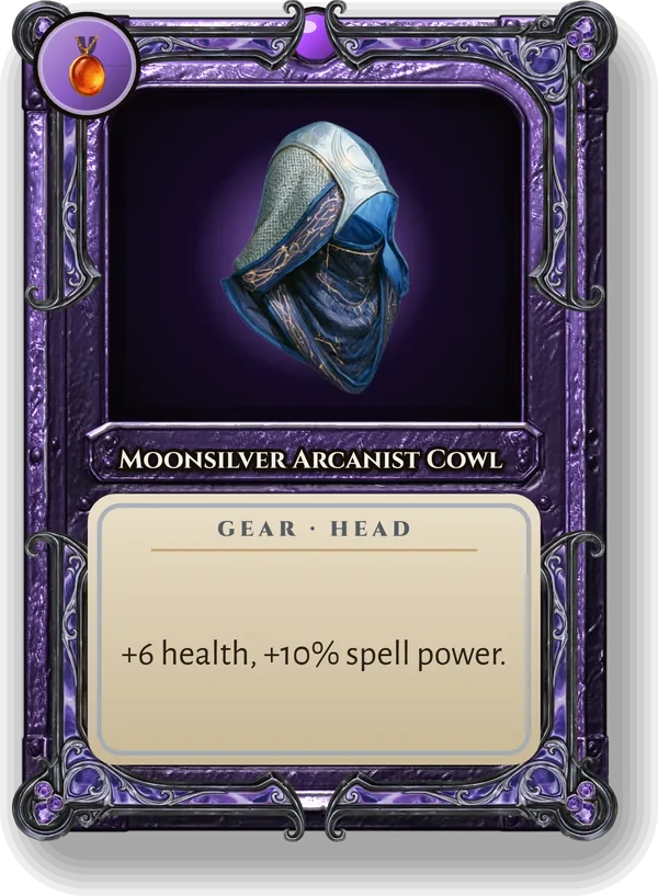 Moonsilver Arcanist Cowl: +6 health, +10% spell power.